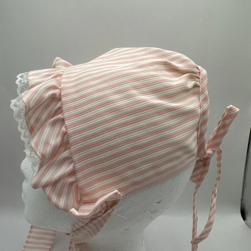 Vintage Baby Bonnet Pink White Cotton Stripe Adjustable Ribbon‎